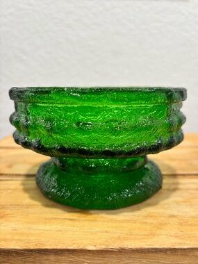 VTG EO Brody Green Crinkle Glass Pedestal Candle Holder MCM Textured Footed Bowl